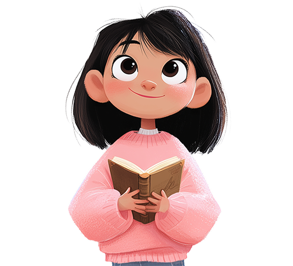 A young girl holding an open book and looking upward hopefully.