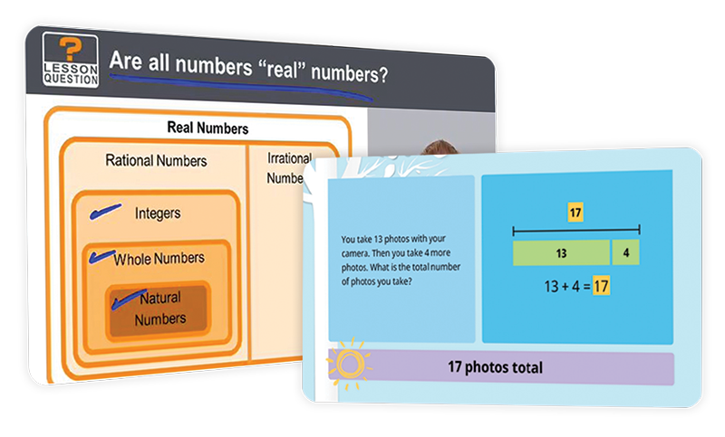 Two screenshots of Imagine MyPath Math interactive lessons