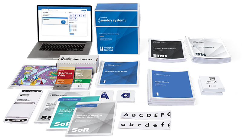 Group of Imagine Sonday System 1 digital and print product materials for reading intervention.
