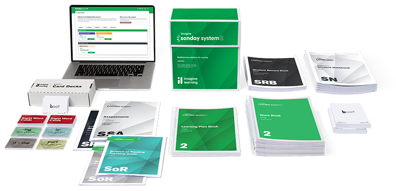 Group of Imagine Sonday System 2 digital and print product materials for reading intervention.