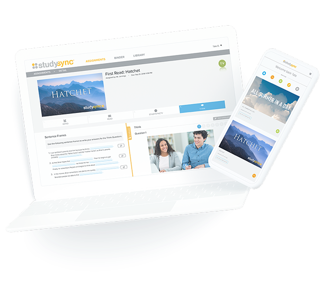 a laptop and a phone with StudySync curriculum on screen